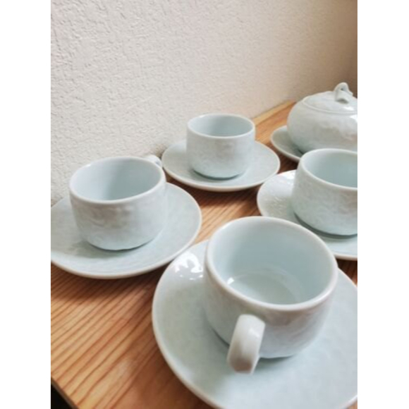 10 Piece Tea Cups Saucers Creamer‎ Set Chinese Pale Green Textured Floral - Picture 8 of 10